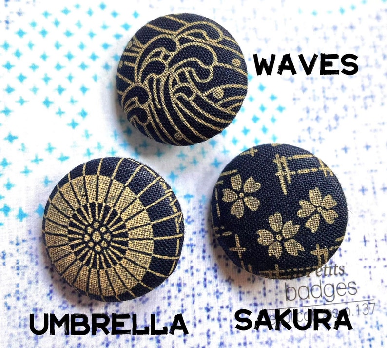 Handmade Navy Dark Blue Japanese Origami Crane Sakura Waves Floral Fabric Covered Buttons, Japanese Magnets, CHOOSE DESIGN, 1.1 Inches 5' image 2