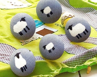 Handmade Small Gray Grey White Black Sheep Lamb Farm Animal Fabric Covered Button, Flat Backs, 0.8 Inches 5's