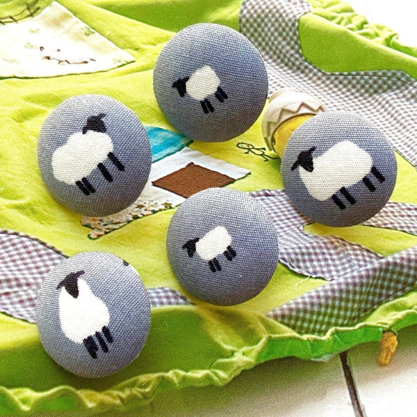 Handmade Small Gray Grey White Black Sheep Lamb Farm Animal Fabric Covered Button, Flat Backs, 0.8 Inches 5's