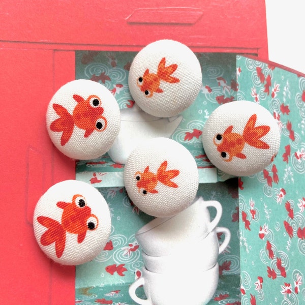 Handmade Japanese Asian White Orange Fish Fabric Covered Buttons Fridge Magnets, Flat Backs, 1 Inch Buttons, 5's