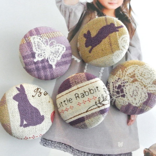 Handmade Large Purple Beige Woodlands Lapin Rabbit Butterfly Fabric Covered Buttons Boutons, Fridge Magnets, 1.25" 5's