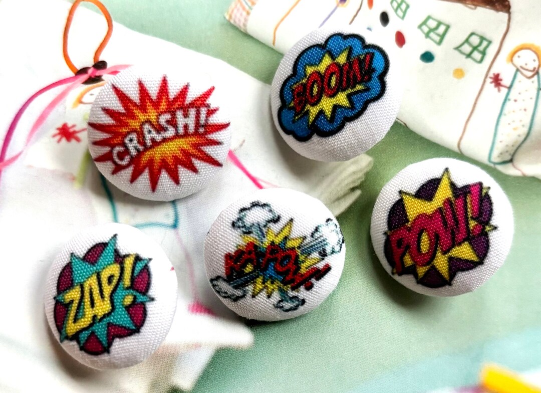 5 White Colorful Super Hero Comic Cartoon Power Words Fabric Covered