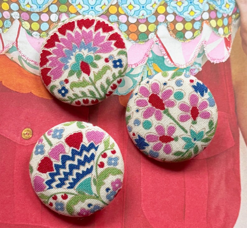 Handmade Large Tilda Pie in the Sky Red Blue Pink Floral Flower Dress Coat Fabric Covered Button Boutons, Tilda Fridge Magnets, 1.25 3's image 1