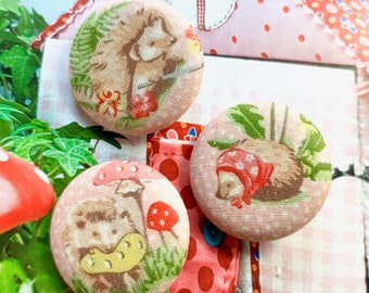 Handmade Large Pink Rose Hedgehog Herisson Fleur Flower Woodland Fabric Covered Buttons Bouton, Woodland Hedgehog Fridge Magnets, 1.5" 3's