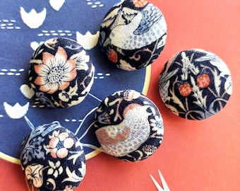 Handmade Dark Blue Pink William Morris Free Spirit Bird Floral Flower Fabric Covered Button Bouton, Bird Flower Fridge Magnets, 1.1 " 5's