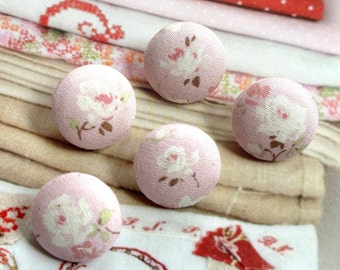 Handmade Small Light Pink White Blanc Rose Floral Flowers Fleur Fabric Covered Buttons Boutons, Flat Backs, 0.75" 5's