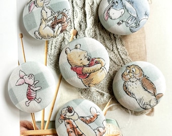 Handmade Large Winnie Pooh Bear Friend Ours Animal Children Fabric Covered Buttons Boutons, Winnie Pooh Bear Animal Fridge Magnets, 1.5" 6's