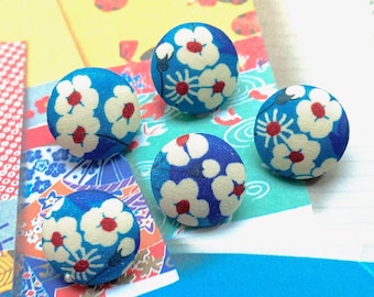 Handmade Liberty Of London Blue Red Bleu Sakura Fleur Floral Flower Fabric Buttons Boutons, Liberty Magnet, Flat Backs, CHOOSE SIZE 5's