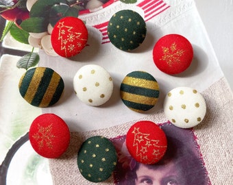 Handmade Fabric Buttons Small Dark Green Red White Golden Christmas Tree Star Fabric Covered Buttons, Small Christmas Magnets, 0.8" 10's