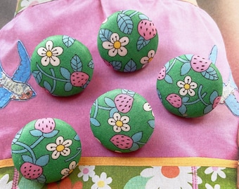 Handmade Liberty Of London Green Pink Strawberry Floral Flower Fabric Covered Buttons, Liberty Fridge Magnets, Flat Backs, CHOOSE SIZE 5's