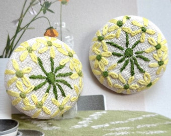 Handmade Large Off White Yellow Green Vintage Embroidered Floral Flower Fabric Covered Buttons, 1.5 Inches 2's