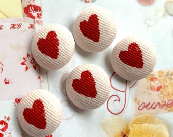 Handmade Small Red Pink Rouge Rose Valentine Wedding Hearts Coeur Fabric Covered Buttons Boutons, Flat Backs, 0.75" 5's