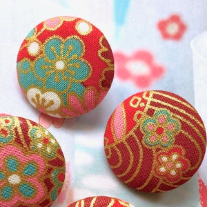 Handmade Red Pink Blue Gold Japanese Japonais Cherry Blossom Sakura Floral Flowers Fabric Buttons Bouton, Japanese Fridge Magnets, 1.2 4's image 2