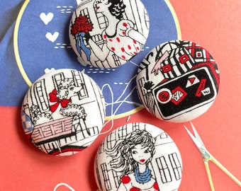 Handmade Large Off White France French Mode Fashion Paris Life Fabric Buttons Bouton, French Paris Magnets, Flat Backs, 1.5 " 4's