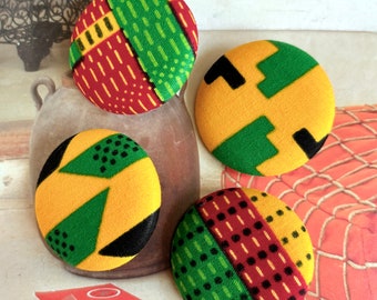 Handmade Large Green Red Orange African Afrique Print Fabric Covered Buttons, Tribal African Fridge Magnets, Flat Back, 1.5" , 4's