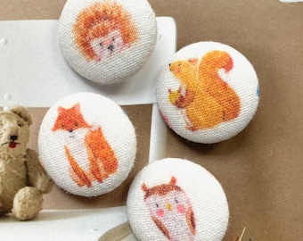 Handmade Brown White Fox Squirrel Owl Deer Woodland Animal Coat Fabric Covered Buttons, Woodland Animal Fridge Magnets, 1.1 Inches 4's