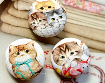 Handmade Cat Kitten Chat Chaton Animaux Animal Costume Fabric Covered Button Boutons, Cat Kitten Fridge Magnets, Flat Backs, 1.1" 3's