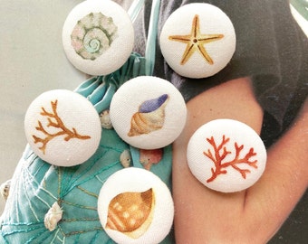 Handmade Beach Seashell Starfish Ocean Animal Fabric Covered Button, Ocean Beach Fridge Magnets, Flatbacks, 1.1" 6's