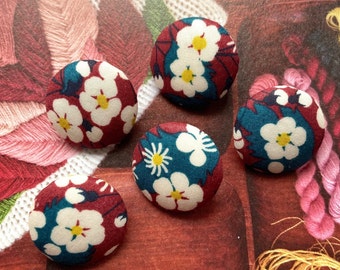 Handmade Liberty Of London Dark Red Green Rouge Cherry Blossom Cerisier Flower Fabric Buttons Boutons , Liberty Magnet, CHOOSE SIZE 5's