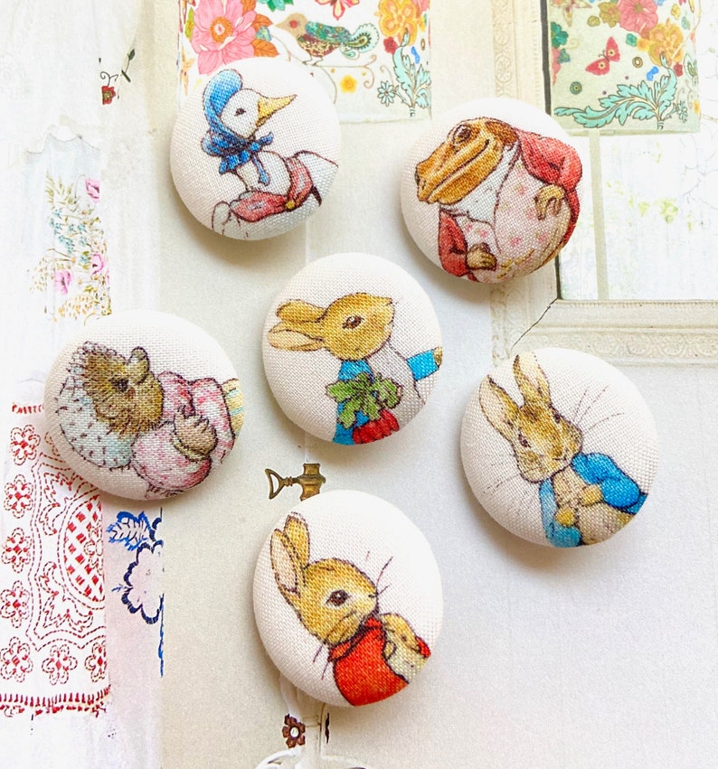 Handmade Large Peter Rabbit Lapin Children Coat Manteau Dress Fabric Covered Buttons Bouton, Peter Rabbit Fridge Magnets, 1.2 Inches 6's image 1
