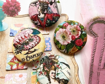 Handmade Large Vintage Style Hat Ladies Fashion Floral Flower Fabric Covered Buttons, Fridge Magnets, Flat Backs, 1.5" 4's