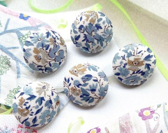 Handmade Liberty Of London Light Blue Bleu Beige White Floral Flower Fabric Buttons Boutons, Liberty Fridge Magnet, CHOOSE SIZE 5's