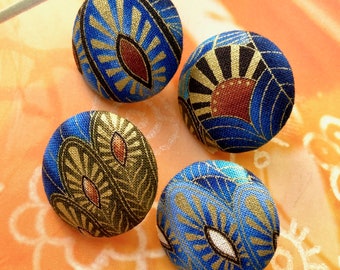 Handmade Large Blue Brown Gold Bleu Peacock Paon Bird Oiseau Fabric Covered Button Boutons, Peacock Fridge Magnets, Flat Backs, 1.2" 4's