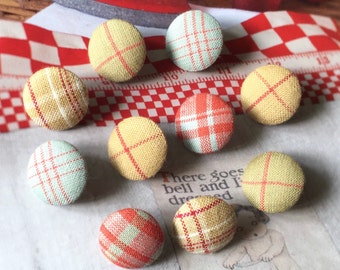 Handmade French Green Yellow Blue Red Bleu Rouge Plaid Checks Carre Manteau Fabric Covered Buttons Boutons , Flat Backs, CHOOSE SIZE 10's