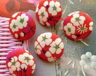 Handmade Liberty London Red Pink Rouge Rose Sakura Fleur Floral Flower Fabric Buttons Boutons , Liberty Magnets, Flat Back, CHOOSE SIZE 5's