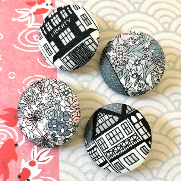 Handmade Large Liberty Of London Pink Gray Grey  Gris Floral Flower Fabric Covered Button, Liberty Floral Fridge Magnets, 1.2 " 4's