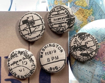 Handmade Large Beige Black Airmail Postal Stamps Fabric Covered Buttons, Vintage Style Airmail Fridge Magnets, 1.25 " 5's