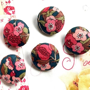 Handmade Liberty Of London Dark Navy Blue Red Pink Bleu Rose Fleur Flower Fabric Button Boutons , Liberty Fridge Magnet, CHOOSE SIZE 5's image 1