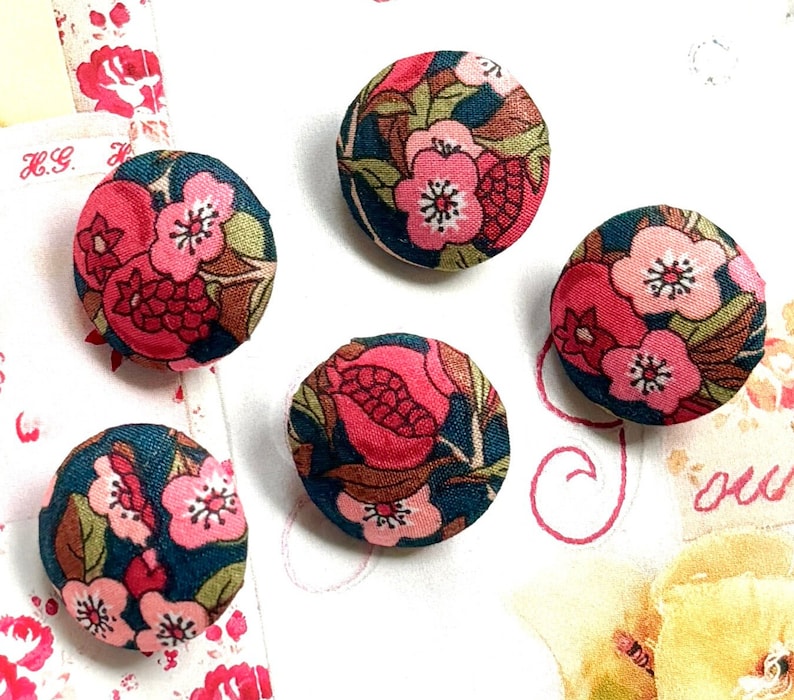 Handmade Liberty Of London Dark Navy Blue Red Pink Bleu Rose Fleur Flower Fabric Button Boutons , Liberty Fridge Magnet, CHOOSE SIZE 5's image 1