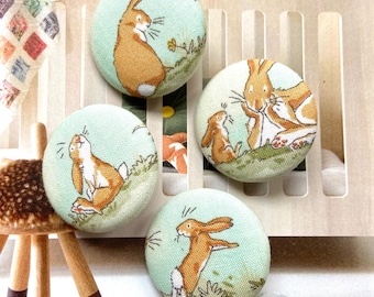 Handmade Large Bunny Rabbit Love You To The Moon Animal Children Fabric Covered Button, Bunny Rabbit Fridge Magnets, Flat Backs, 1.25" 4's