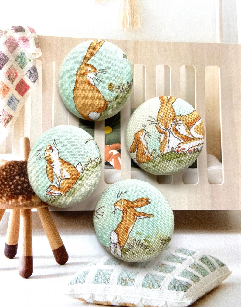 Handmade Large Bunny Rabbit Love You To The Moon Animal Lapin Fabric Covered Button Bouton, Rabbit Fridge Magnets, Flat Backs, 1.25 4's image 1