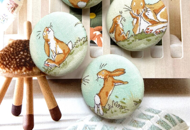 Handmade Large Bunny Rabbit Love You To The Moon Animal Lapin Fabric Covered Button Bouton, Rabbit Fridge Magnets, Flat Backs, 1.25 4's image 3