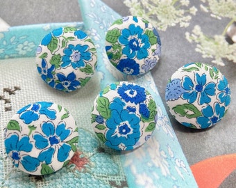 Handmade Liberty Of London Light Dark Blue Bleu Floral Flower Fabric Buttons Boutons , Liberty Fridge Magnet, Flat Backs, CHOOSE SIZE 5's