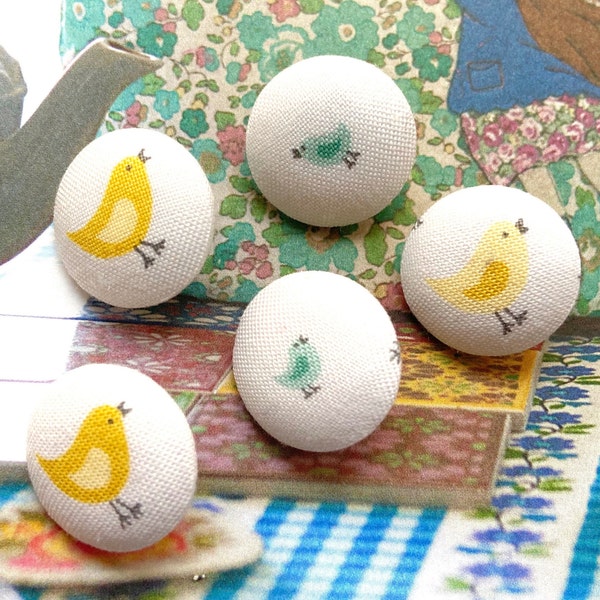 Handmade Small White Yellow Blanc Jaune Oiseau Bird Animal Coat Jacket Dress Robe Fabric Covered Buttons Boutons, Flat Backs, 0.8 " 5's