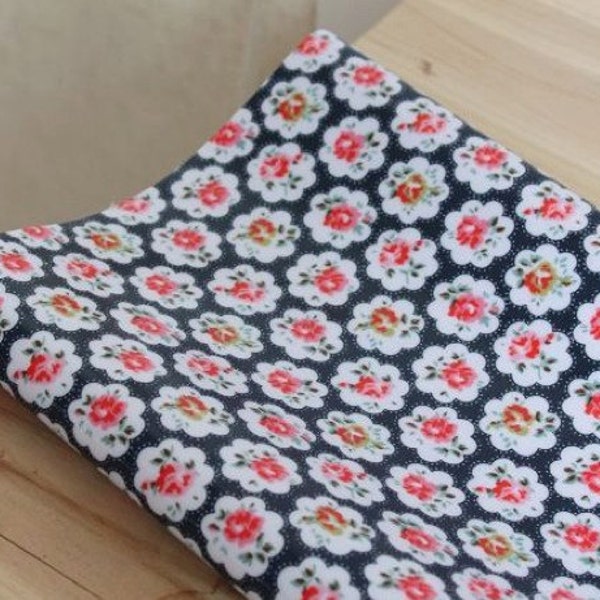 Zakka Sweet Dark Navy Blue Red Rose Flowers OILCLOTH Waterproof Plastic Fabric Cloth  35 x 14 Inches - LAST PIECE