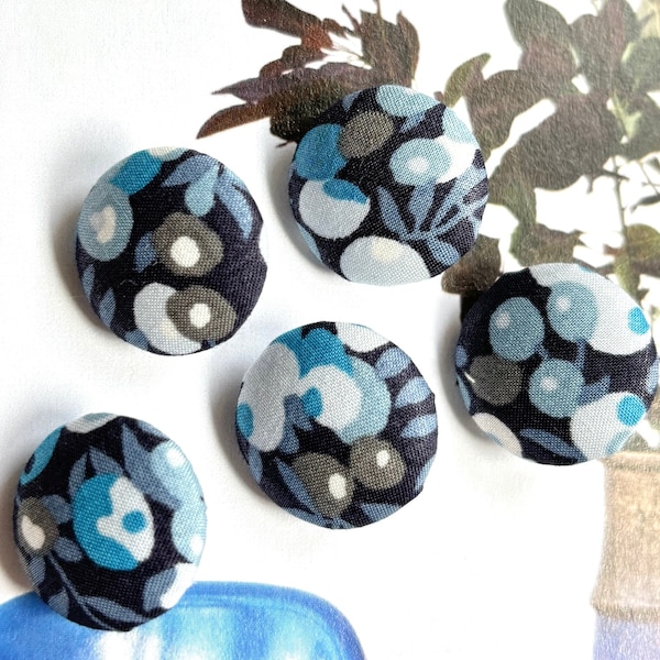 Handmade Liberty Of London Dark Navy Blue Marine Bleu Gris Fleur Flower Fabric Button Boutons , Liberty Fridge Magnet, CHOOSE SIZE 5's