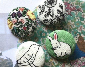 Handmade Large Rabbit Bunny Bird Animal Leaves Flower Plants Nature Fabric Covered Buttons Magnets Flat Backs , 1.2" 4's