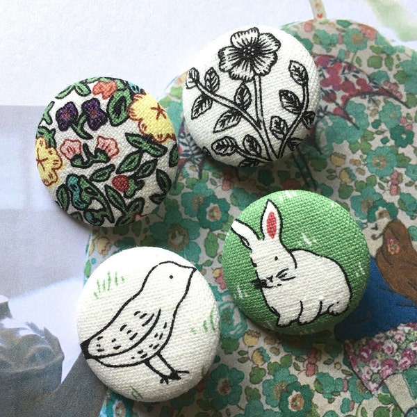 Handmade Large Rabbit Bunny Bird Animal Leaves Flower Plants Nature Fabric Covered Buttons Magnets Flat Backs , 1.2" 4's