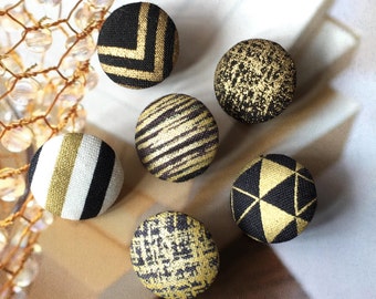 Handmade Black Golden Gold Noir Or Geometric Stripe Arrow Checks Triangle Fabric Covered Buttons Boutons , CHOOSE DESIGN,  0.8" 5's