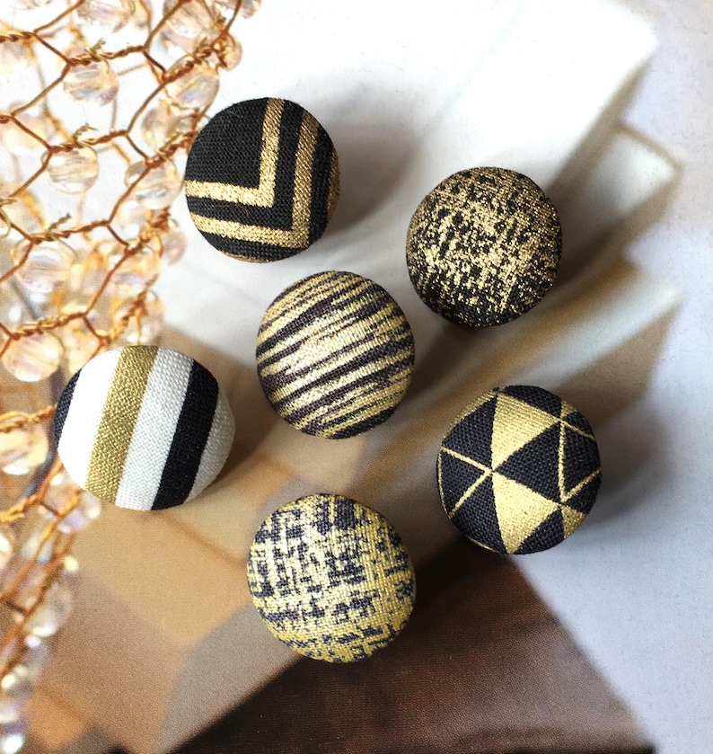 Handmade Black Golden Gold Noir Or Geometric Stripe Arrow Checks Triangle Fabric Covered Buttons Boutons , CHOOSE DESIGN, 0.8 5's image 1