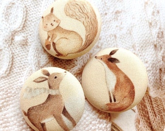 Handmade Large Warm Beige Forest Fox Deer Squirrel Children Fabric Covered Button, Flat Backs, 1.5" 3's