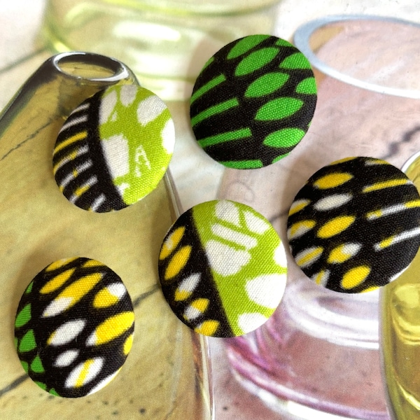 Handmade Lime Green Yellow Black Vert Jaune African Afrique Print Manteau Coat Dress Wax Fabric Buttons Bouton, Flat Backs, 1.2" 5's