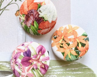 Handmade Large White Orange Purple Orchid Floral Flower Bloom Fabric Covered Buttons, Flower Fridge Magnet, 1.25" 3's