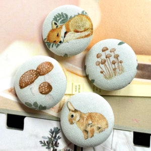 Handmade Dear Stella Light Green Brown Fox Mushroom Renard Lapin Champignon Fabric Covered Button Bouton, Fox Fridge Magnets, 1.25 4's image 1