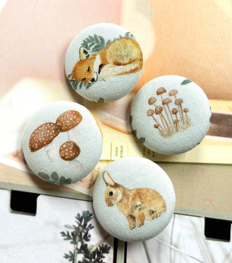 Handmade Dear Stella Light Green Brown Fox Mushroom Renard Lapin Champignon Fabric Covered Button Bouton, Fox Fridge Magnets, 1.25 4's image 1