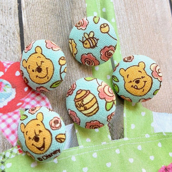 Handmade Small Blue Winnie The Pooh Bear Floral Children Baby Fabric Covered Buttons, Flat Backs, 0.75 " 5's